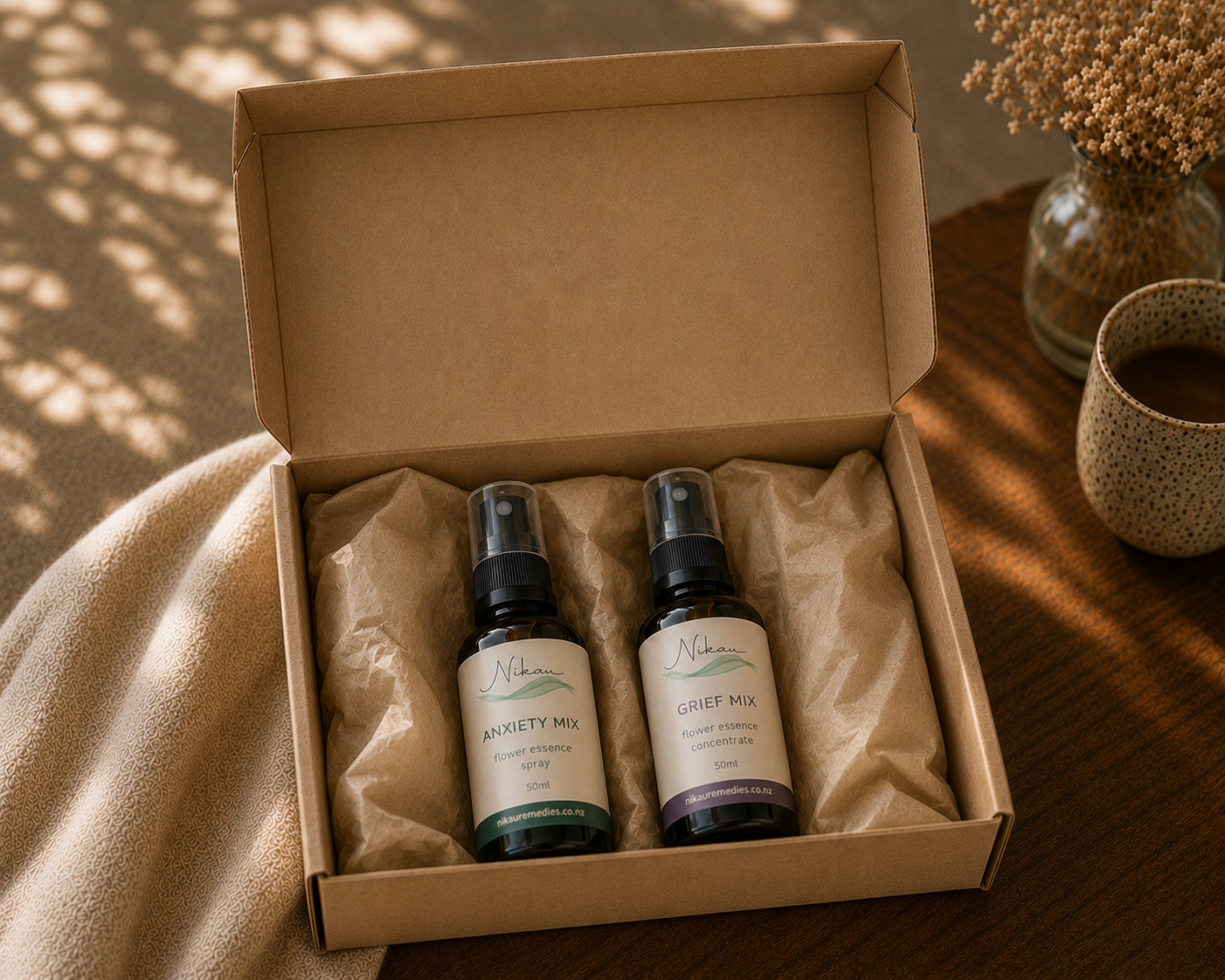 The Bereavement Pack — two Nikau Remedies bottles nestled in a kraft box with tissue paper