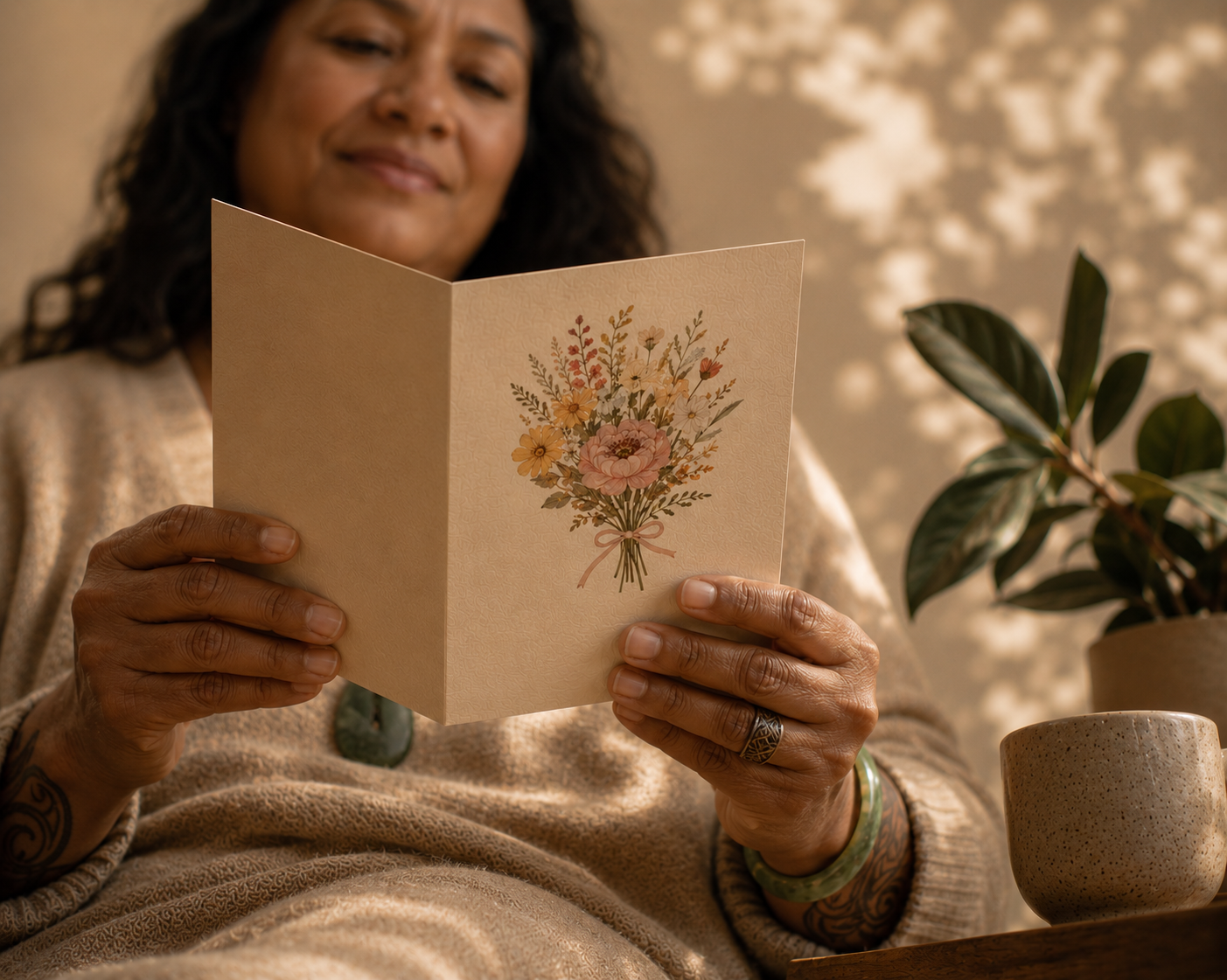 A woman smiling as she reads a printed Held card, illustrated with a pressed wildflower bouquet