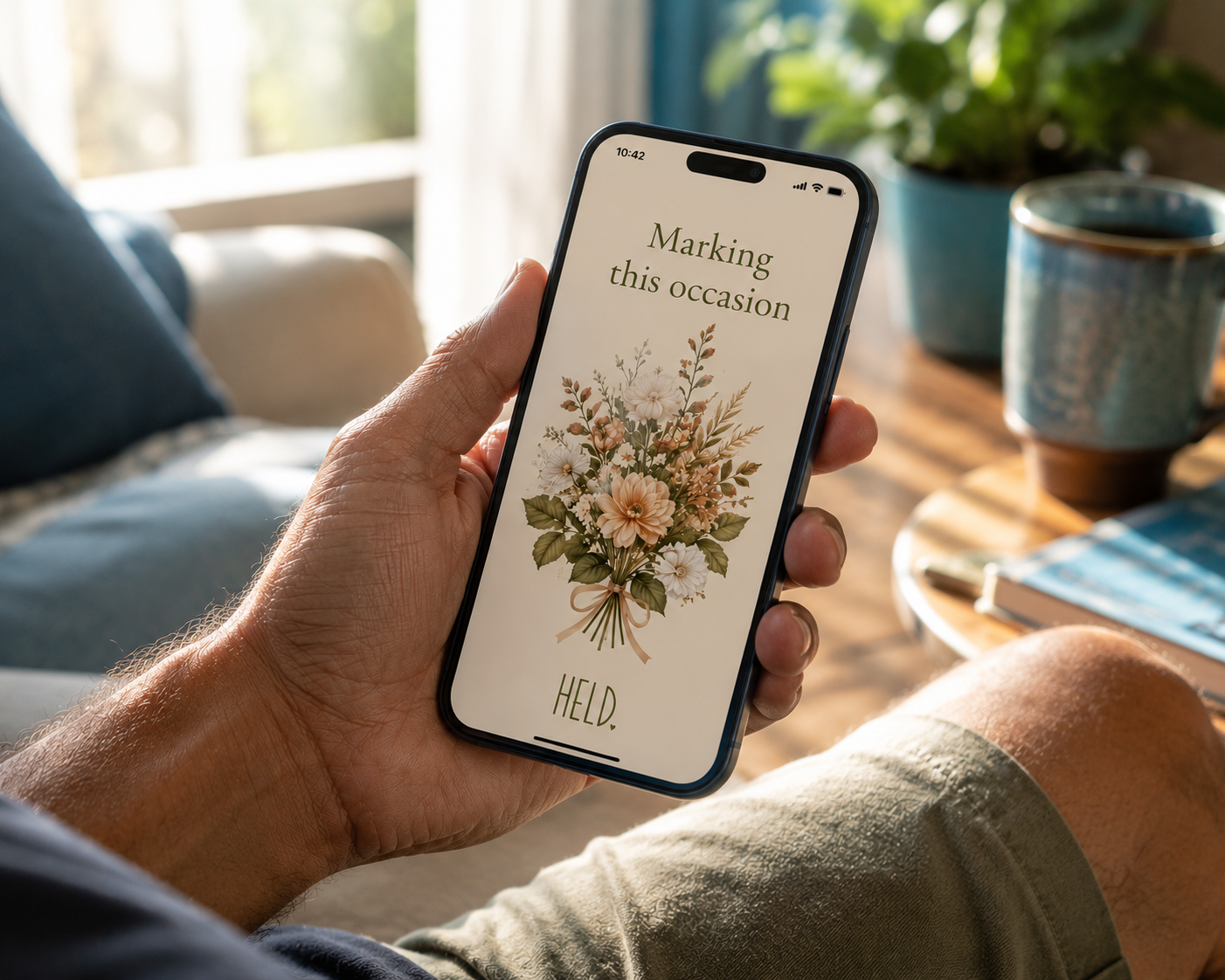A phone screen showing the Held app — Marking this occasion, with a watercolour bouquet illustration